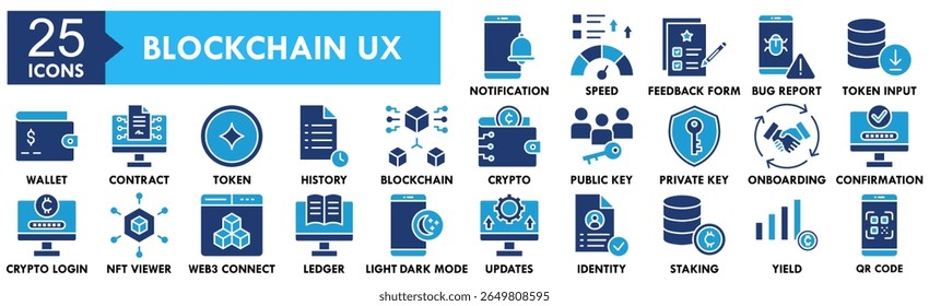 Conjunto de coleta de ícones UX de cadeia de blocos. Contendo design blockchain, tecnologia, ux, digital, dados