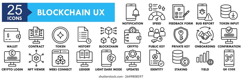Conjunto de coleta de ícones UX de cadeia de blocos. Contendo design blockchain, tecnologia, ux, digital, dados
