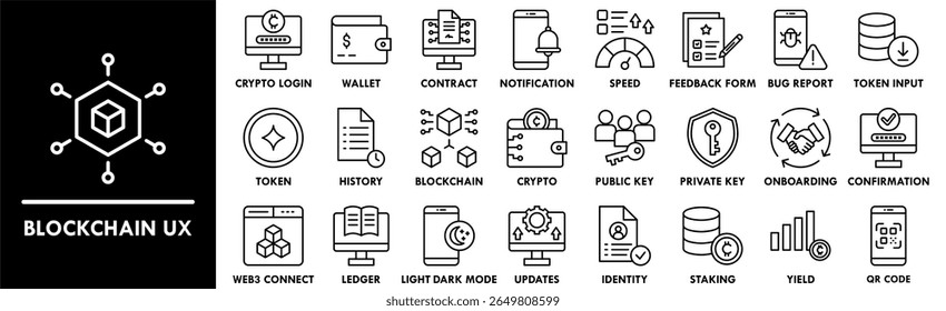 Conjunto de coleta de ícones UX de cadeia de blocos. Contendo design blockchain, tecnologia, ux, digital, dados