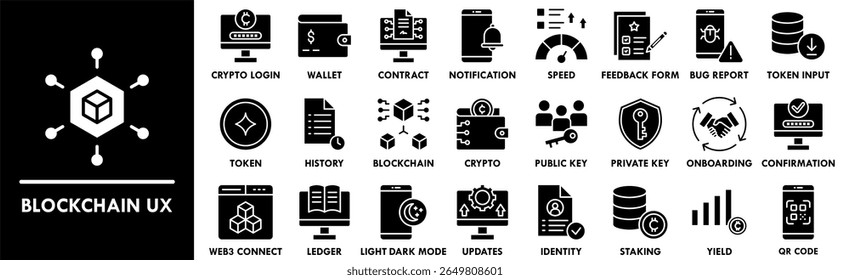 Conjunto de coleta de ícones UX de cadeia de blocos. Contendo design blockchain, tecnologia, ux, digital, dados