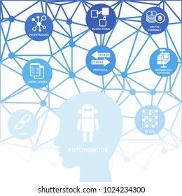 Blockchain vector background illustration with silhouette of a man and icons. Blockchain concept.