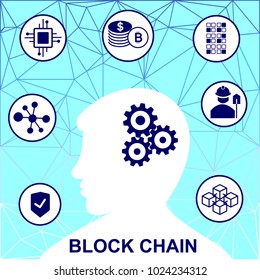 Blockchain vector background illustration with silhouette of a man and icons. Blockchain concept.