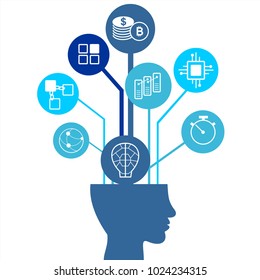 Blockchain vector background illustration with silhouette of a man and icons. Blockchain concept.