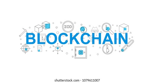 Blockchain vector banner. Word with line icon. Vector background