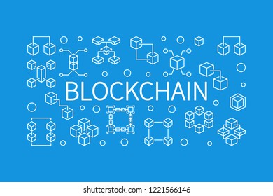 Blockchain vector concept outline horizontal illustration. Block Chain banner in thin line style on blue background