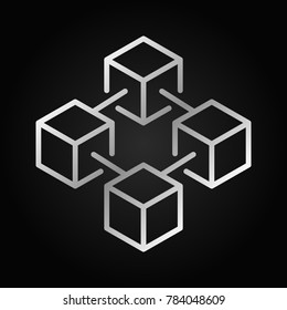 Blockchain vector concept silver icon or logo element in thin line style on dark background