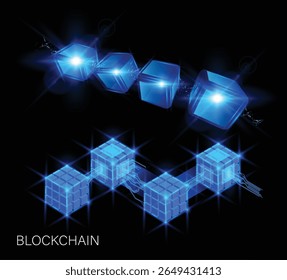 Blockchain vector design. Energy glow cube blocks flight. Shiny four blue neon from square shapes 3D view. Big data cyber box matrix. AI HUD compound. High tech technology, computer engineer network