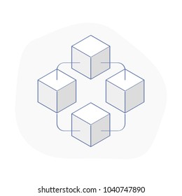 Blockchain vector geometric outline logo, icon. Interconnected via chain blocks, network concept, distributed ledger crypto technology symbol.