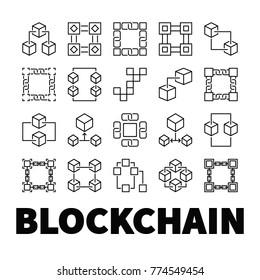 Blockchain vector icons. Set of 20 block chain concept outline symbols on white background