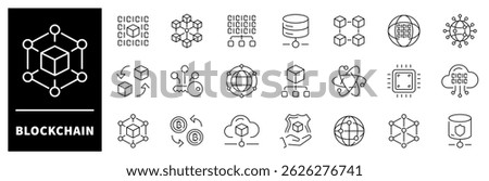 Blockchain vector icons. Blockchain thin line icons collection. Outline icons related to blockchain. Cyberspace, crypto, crypto currency, digital, transaction, Blockchain