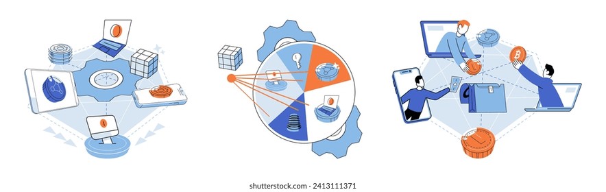 Blockchain vector illustration. The adoption blockchain technology in business builds trust and enhances security Blockchain revolutionizes data storage and exchange in digital age Bitcoin and other
