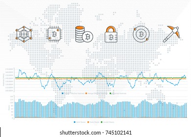 Blockchain vector illustration background with icons, graphs and diagram on a world map background. Crypto currency. Bitcoin, etherium, dash, litecoin, zcash, monero, 