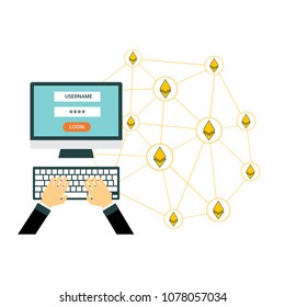 Blockchain vector illustration. Bitcoin and Ethereum trading concept.