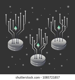 Blockchain vector illustration. Bitcoin and Ethereum trading concept.
