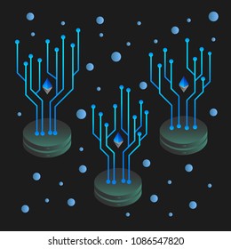 Blockchain vector illustration. Bitcoin and Ethereum trading concept.
