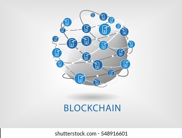 Blockchain vector illustration with connected globe on light grey background