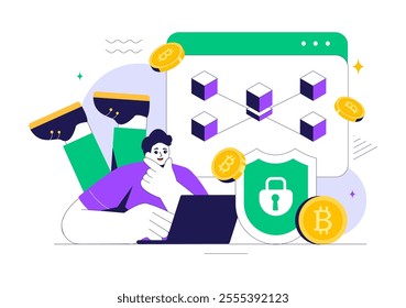 Blockchain Vector Illustration featuring a Tech Architect working at a Computer with Crypto Community Management, and Cube Blocks in the Background