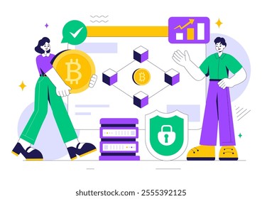 Blockchain Vector Illustration featuring a Tech Architect working at a Computer with Crypto Community Management, and Cube Blocks in the Background