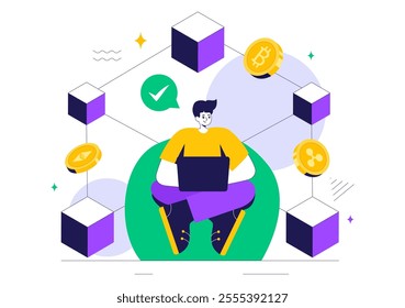 Blockchain Vector Illustration featuring a Tech Architect working at a Computer with Crypto Community Management, and Cube Blocks in the Background