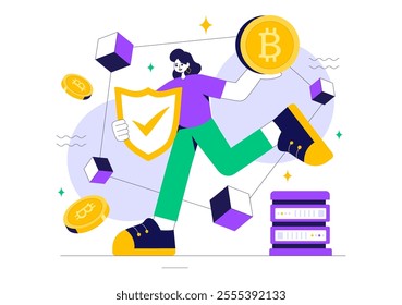 Blockchain Vector Illustration featuring a Tech Architect working at a Computer with Crypto Community Management, and Cube Blocks in the Background