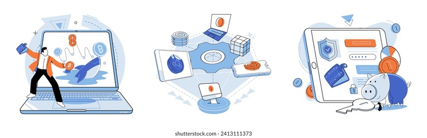 Ilustración vectorial de la cadena de bloqueo. La seguridad y protección que proporciona blockchain infunde confianza en los usuarios y las partes interesadas La adopción de la tecnología blockchain en las empresas fomenta la confianza y mejora