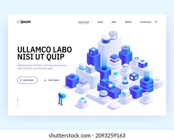 Blockchain Vector Isometric Illustration, Hi Tech Block Chain Process Data Structure Visualization With Business People. Future Technologies, People And Cubic Blocks Connected Into Chain