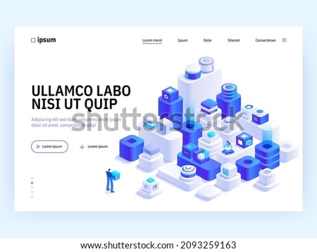 Blockchain vector isometric illustration, Hi tech block chain process Data structure visualization with business people. Future technologies, people and cubic blocks connected into chain