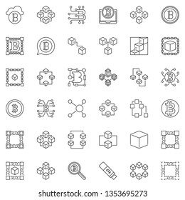 Blockchain Vector Minimal Icons Set In Outline Style. Block Chain Concept Outline Signs On White Background