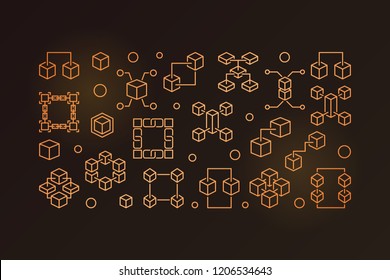 Blockchain vector outline golden horizontal illustration. Block Chain banner in thin line style on blue background on dark background