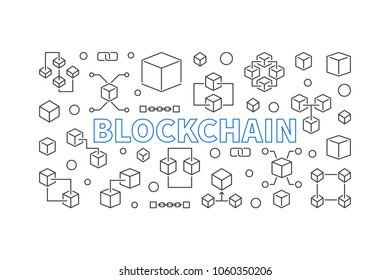 Blockchain vector outline illustration. Cryptocurrency and block chain concept background or horizontal banner