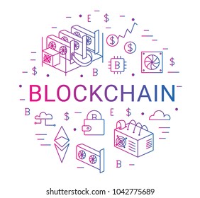 Blockchain vector round concept illustration in thin line style