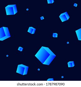 blockchain vector  seamless 3D vector background  flying blue cubes in black space  cosmic abstract vector pattern  unique elegant stylish backdrop  landing page  logo  web  technology vector
