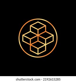 Blockchain vector thin line concept golden icon - Circle and Block chain network with 4 Blocks creative round symbol on dark background