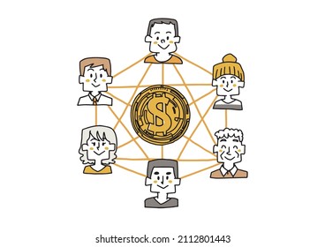 Blockchain virtual currency, NFT comical handwritten person vector, line drawing with simple coloring