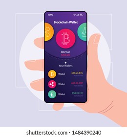 Blockchain wallet manager smartphone interface vector template. Mobile app page violet design layout. Cryptocurrency balance screen. Flat UI for application. Hand holds phone with BTC icon on display