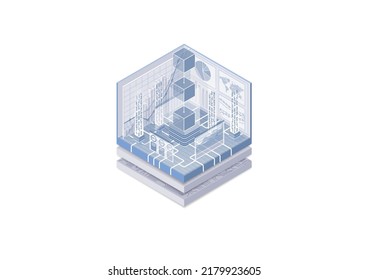 Blockchain and Web 3.0 concept. Isometric vector illustration of connected blocks of data. Blue and white web banner. 