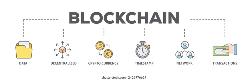 Blockchain web banner icon vector illustration concept consists of data, decentralized, crypto currency, timestamp, network and transactions icon live stroke and easy to edit