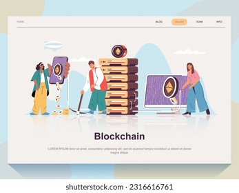 Concepto web de Blockchain para página de aterrizaje en diseño plano. Hombre y mujer extraen criptomonedas en la granja, hacen transacciones, ganan dinero. Ilustración vectorial con escena de personas para la página principal del sitio web