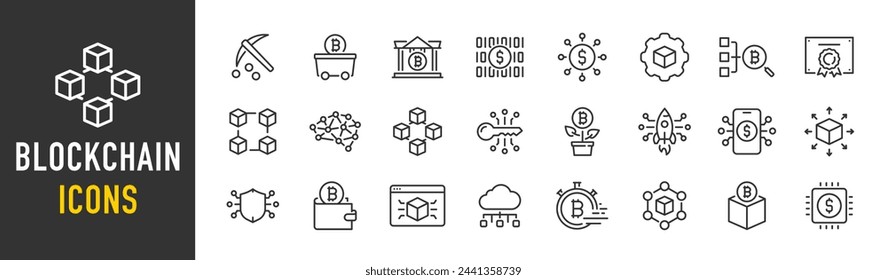 Blockchain web icons in line style. Technology, cryptocurrency, mining, key, transaction, smart contract, collection. Vector illustration.