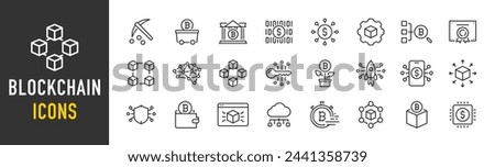 Blockchain web icons in line style. Technology, cryptocurrency, mining, key, transaction, smart contract, collection. Vector illustration.