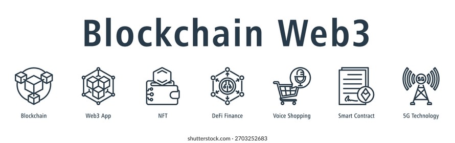 Blockchain Web3 web banner icon vector illustration concept with icon of blockchain, web3 app, nft, defi finance, voice shopping, smart contract, and 5g technology.