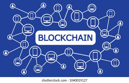 Blockchain word with connected icons, vector illustration on blue background