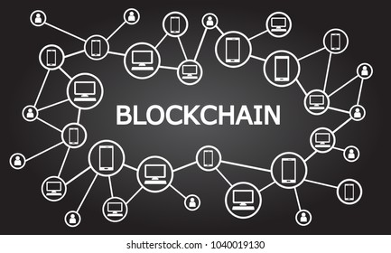 Blockchain word with connected icons, vector illustration on grey background