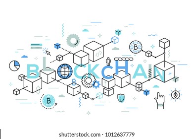 Blockchain word surrounded by cubes or blocks arranged into chain, bitcoin symbols. Distributed digital transaction record. Infographic banner with elements in thin line style. Vector illustration.