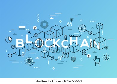 Blockchain word surrounded by cubes or blocks arranged into chain, bitcoin symbols. Distributed digital transaction record. Infographic banner with elements in thin line style. Vector illustration.