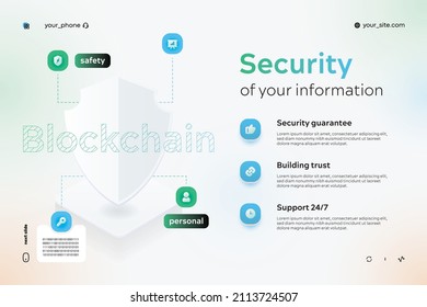 Blockchain work. Landing page with shield and surrounded by icons. Blockchain technology concept. Isometric vector illustration for cryptocurrency project advertising, presentation, website.