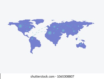 Blockchain worldwide with map on the background. Bitcoin trading concept. in flat style