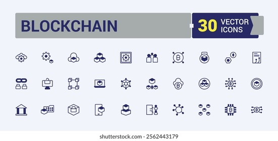 Blockchain Year end icon set. Featuring computer, smart, fin, transfer, finance, on, bit, block. Collection for mobile and web apps. Vector illustration in modern line style.