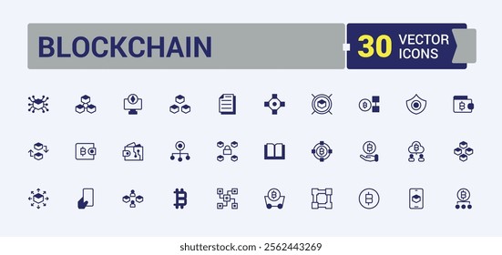 Blockchain Year end icon set. Featuring computer, smart, fin, transfer, finance, on, bit, block. Collection for mobile and web apps. Vector illustration in modern line style.