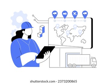 Blockchain-backed logistics abstract concept vector illustration. Person with tablet controlling logistics transportation process, blockchain technology, shipping industry abstract metaphor.